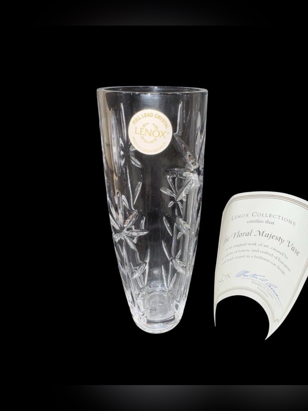 VTG Lenox Floral Majesty Full Lead Crystal Vase w/Certificate Czech Republic